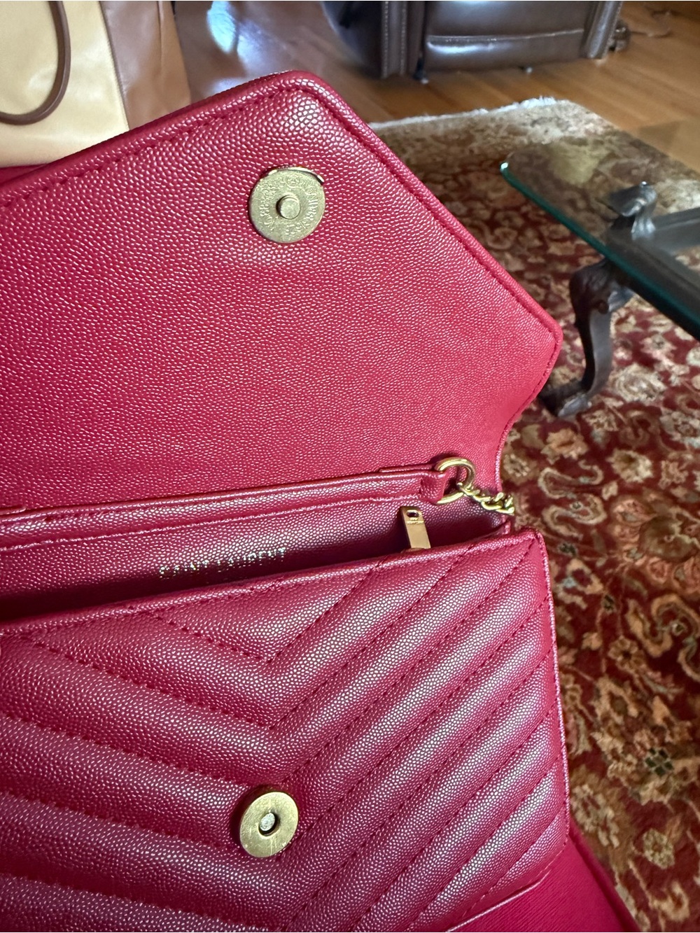 Yves Saint Lauren red leather clutch with gold chain. - Picture 3 of 7